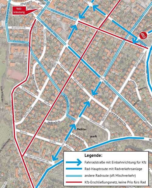Skizze eines Einbahnstraßensystems entlang der Radroute Bernhardstraße