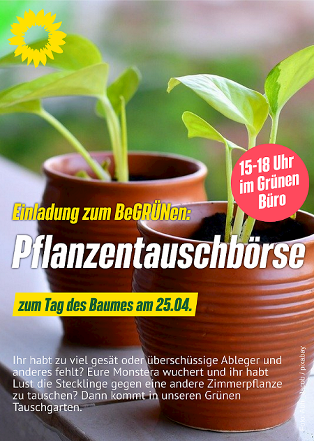 Plakat zur Pflanzentauschbörse am 25.4.2022 am Grünen Büro Dresden-Blasewitz (Blumentopf mit Pflanzen als Motiv)