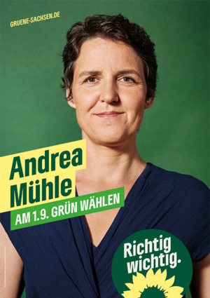 Plakat mit Portrait von Andrea Mühle