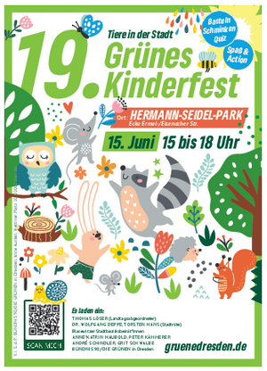 Gestalteter Flyer zum Grünen Kinderfest 2025 in Dresden mit vielen Tieren