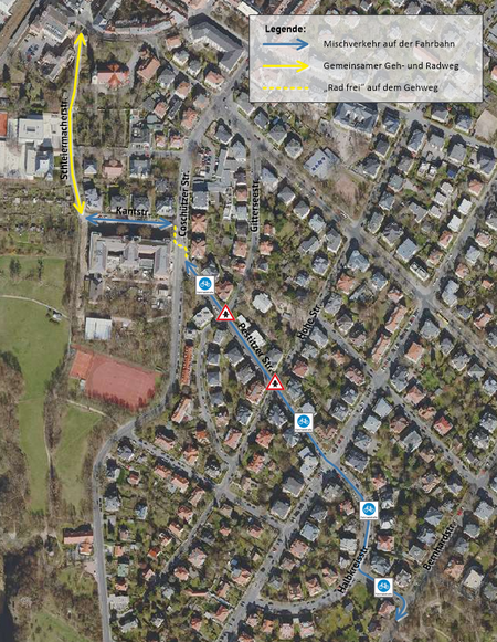 Skizze einer Nebenroute vom S-Bahnhof Plauen über die Schleiermacher- und Halbkreisstraße bis zur Radroute Süd an der Bernhardstraße