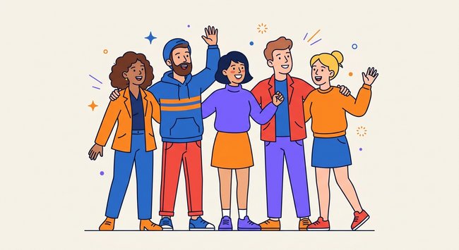 Fünf Menschen stehen eng zusammen und lächeln. Sie tragen bunte Kleidung in Blau, Orange, Rot und Lila. Zwei Personen heben freundlich eine Hand in die Luft.