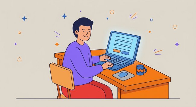 Ein Mann sitzt an einem orangen Tisch. Er hat einen lila Pullover an. Er tippt auf der Tastatur von einem blauen Computer. Auf dem Bild-Schirm ist ein Kästchen-Muster zu sehen. Neben dem Computer steht eine blaue Tasse.