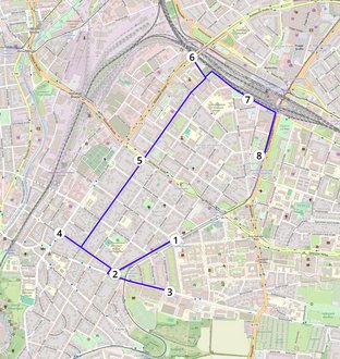 Karte unserer Radtour am 25. Mai, mit Start am Münchner Platz und Ende an der Haltestelle Reichenbachstraße