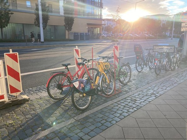 Belegte Radständer auf PKW-Stellplätzen vor dem Büro "Grüne Oase" auf der Schandauer Str. 67 in Dresden