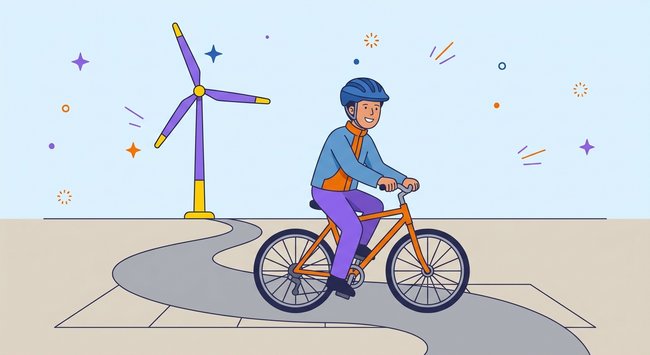 Ein Mann fährt auf einem orangen Fahr-Rad. Er trägt einen blauen Helm und eine blaue Jacke. Im Hintergrund steht ein Großes Wind-Rad. Das Wind-Rad ist lila und gelb.