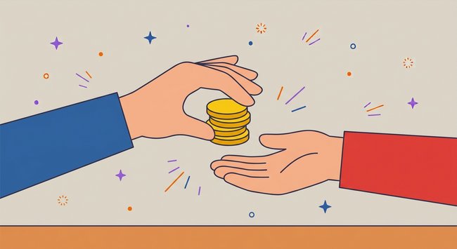 Zwei Hände sind zu sehen. Eine Hand kommt von links aus einem blauen Ärmel. Sie gibt der anderen Hand einen Stapel gelber Geld-Münzen. Die andere Hand kommt von rechts aus einem roten Ärmel.