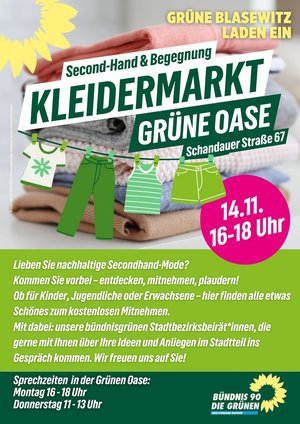 Plakat zum Kleidermarkt 14.11.25 Schandauer Straße 67 in der Grünen Oase