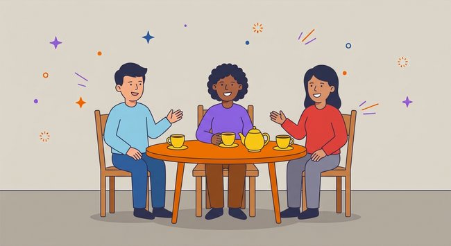 Drei Personen sitzen zusammen an einem orangen Tisch und unterhalten sich. Auf dem Tisch stehen gelbe Tassen und eine Teekanne. Alle drei Personen lächeln freundlich.