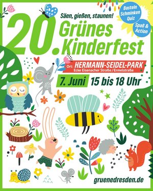 Flyer Kinderfest Seidelpark Dresden am 7.6.26 mit vielen Tieren und Pflanzen als Grafiken gestaltet